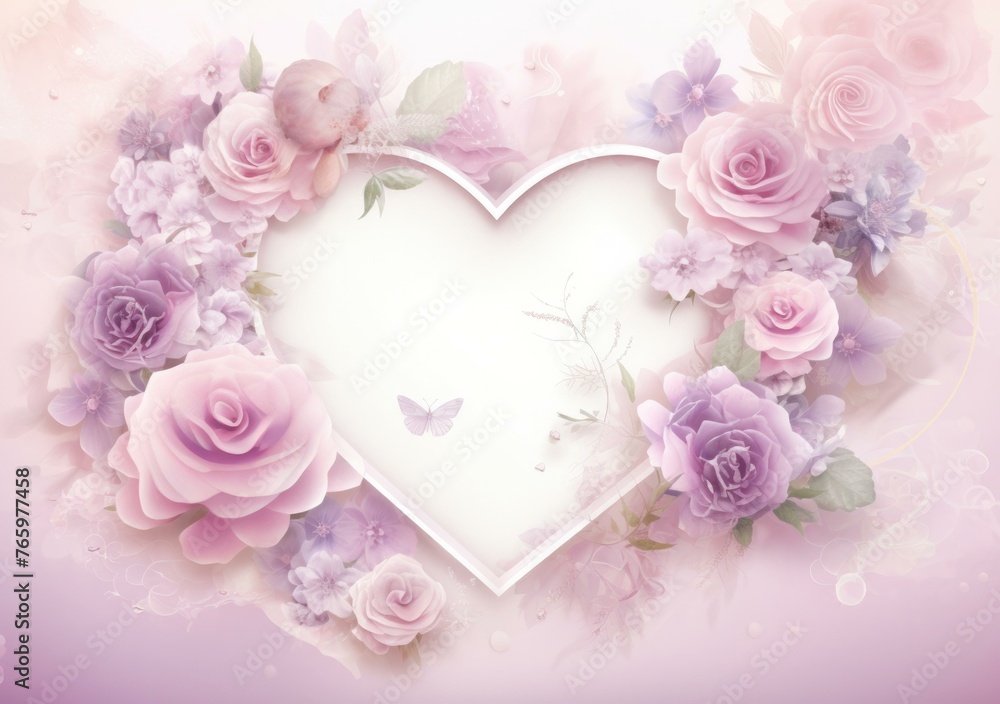 A heart shaped frame with pink roses and butterflies. Generative AI. A heart shaped frame with pink roses and butterflies. Generative AI.