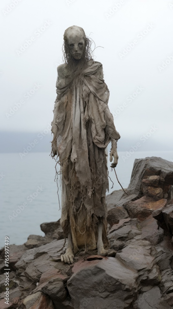 A statue of a creepy looking person standing on rocks. Generative AI.