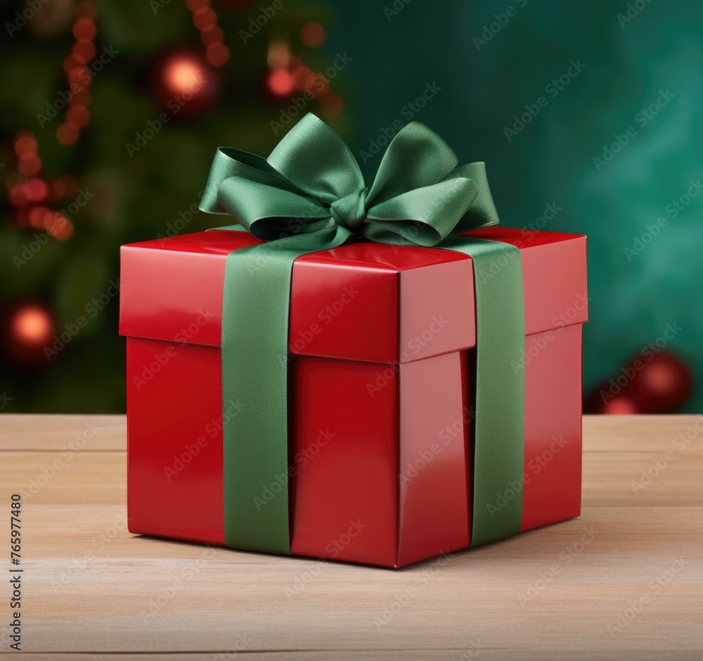 Obraz premium A red present with a green bow on top of wooden table. Generative AI.