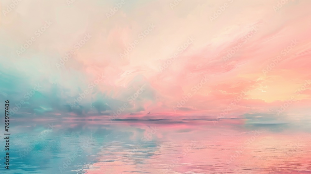 Pastel sunset reflecting over tranquil waters in an abstract landscape. The serenity of dawn captured in soft watercolor hues. Abstract impression of sunrise over a still water surface.