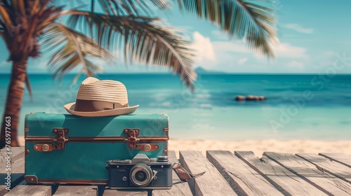 Vintage suitcase, hipster hat, photo camera on wooden deck. Behind are three palm trees, a beach, and a tropical sea. Traveling concept design banner with copyspace for the summer holidays.