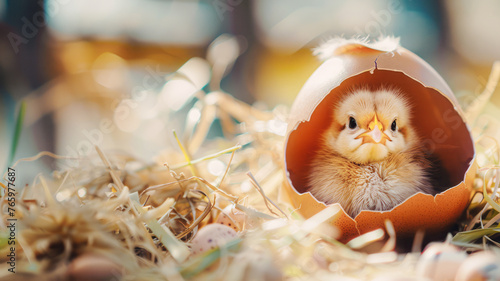  Fluffy chick hatching from egg with "Happy Easter" inscription