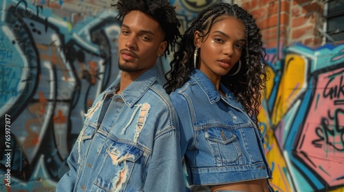 Stylish couple in matching unisex denim, urban background with graffiti, blurring gender norms.