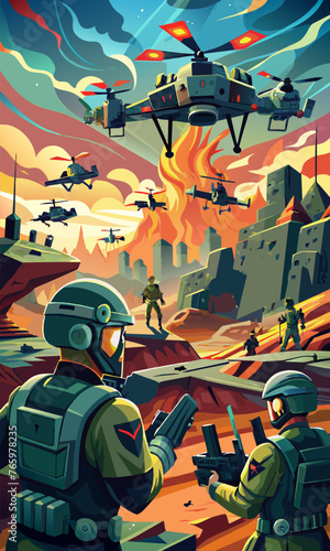Vector illustration of soldiers and drones waging war