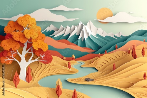 Vibrant paper cut illustration of an autumnal landscape with colorful trees, a flowing river, and majestic mountains under a warm sun..