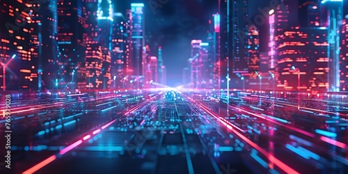 Exploring a Futuristic Cyber Cityscape: Bright Lights and Abstract Technology Background. Concept Futuristic Cityscape, Bright Lights, Abstract Technology, Cyber City, Urban Exploration