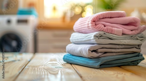 Stack of clean clothes folded on a wooden surface. Pile of washed clothes in a washing machine in a modern home. Residential laundry.