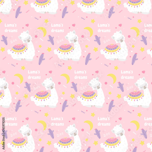 Seamless pattern with the image of a sleeping llama on a pink background
