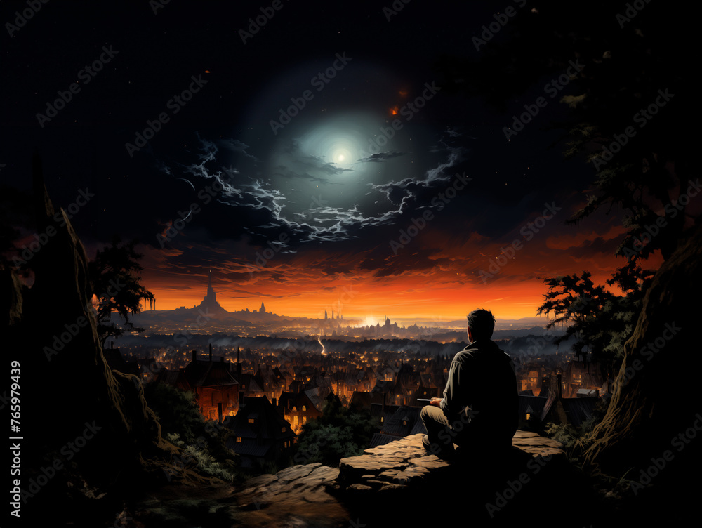 A man sits on a mountain on a dark night and looks out over the night city.