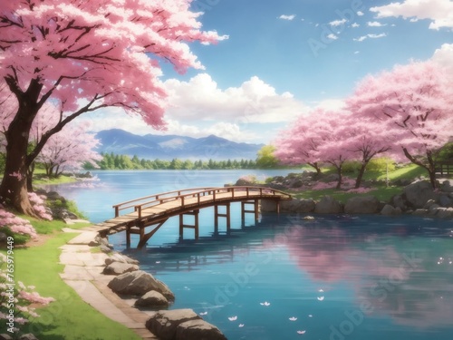 "Cherry Blossom Oasis: Anime Serenity by the Lakeside" © Chathura