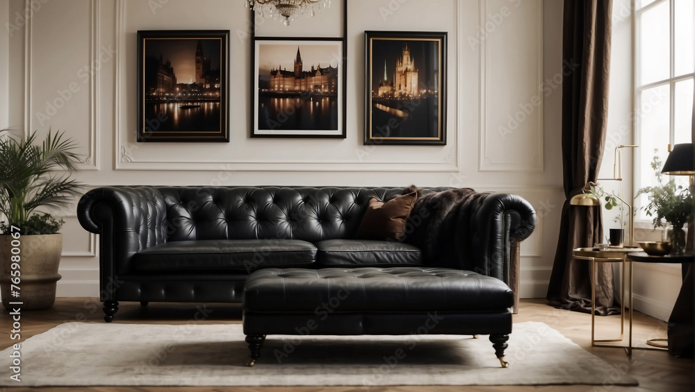 Interior clásico elegante con un sillón de cuero negro al estilo inglés Chesterfield con lámparas y cuadros - obrazy, fototapety, plakaty 