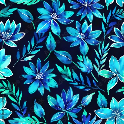 Watercolor Neon Floral Pattern. Trendy Luminous Floral Background