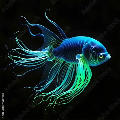 unusual life form. Fluorescent deep sea creature. Nature of deep ocean Abstract dynamic shape on black background