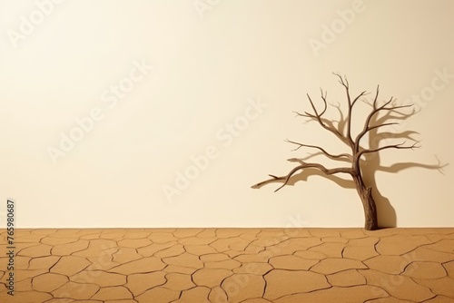A solitary dead tree stands in an expansive desert landscape, evoking isolation and climate impact. Lone Tree in Vast Desert Landscape