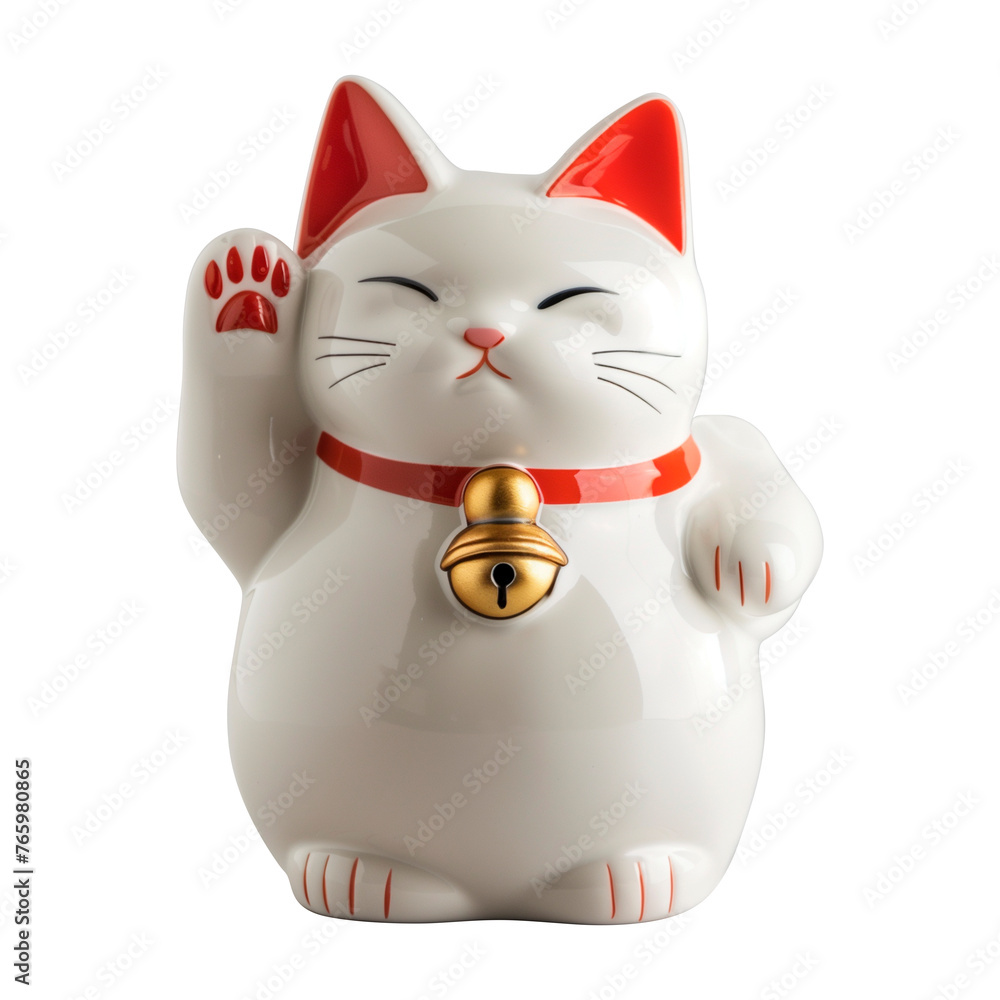 Decorative figurine of the Maneki-neko lucky cat sitting on a white background.