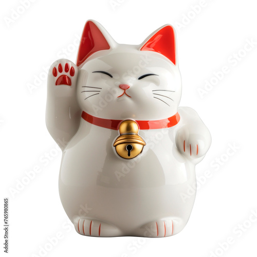 Decorative figurine of the Maneki-neko lucky cat sitting on a white background. © Carlos Cairo