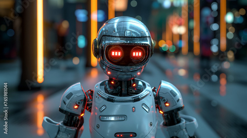 Robot head with glowing red eyes in a neon-lit city.