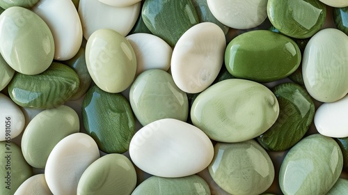 A pile of smooth, regular oval pebbles, predominantly in Mars Green with fewer in white, each free of textures and additional colors. The pebbles have a matte finish. The colors are bright and vibrant photo