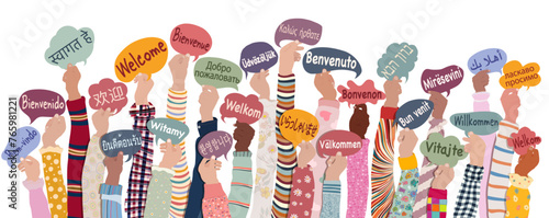 Many hands raised of diverse and multicultural children and teens holding speech bubbles with text Welcome in various international languages. Diversity kids. Communication
