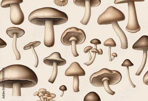 mushrooms botanical vintage retro illustration, earthy neutral tones on beige background