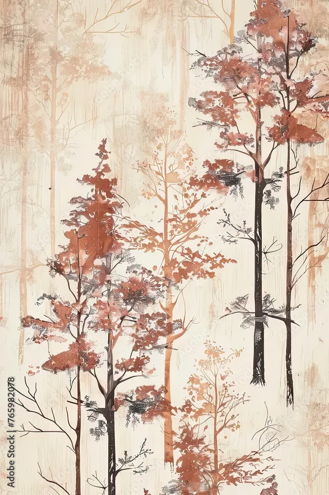 a painting of a forest with trees in the background