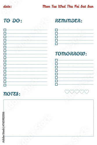 To-do list, vector, with date, days of the week, places to write and highlight important things to do, lines to mark done, blue with red colors