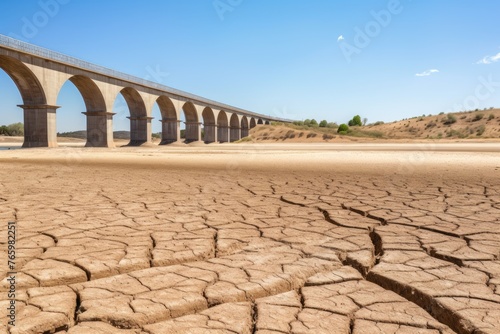 An arched bridge spans over a cracked, dry riverbed, symbolizing infrastructure resilience amidst drought conditions. Bridge Over Cracked Earth in Drought
