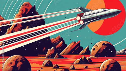 Retro illustration of a spaceship or rocket launch. Exploration of space and different planets. Space flight