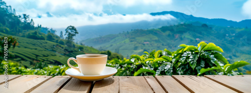 Cup of Coffee Against the Background of a Tea Plantation