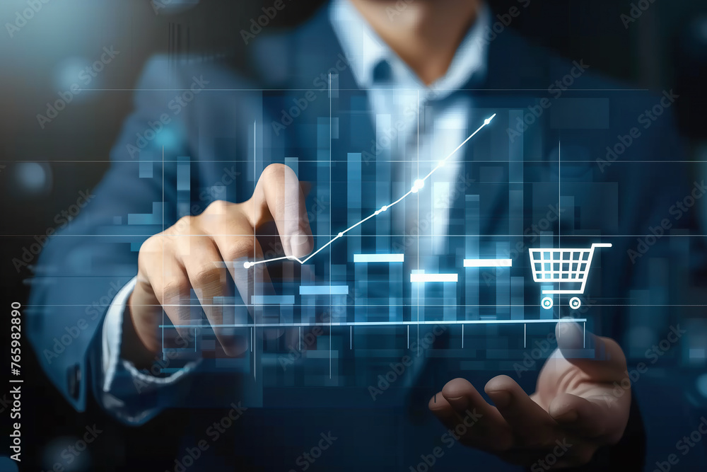 A businessman in a business suit is pushing a button on a shopping cart, symbolizing online shopping and ecommerce. A businessman in a business suit is pushing a button on a shopping cart, symbolizing online shopping and ecommerce.