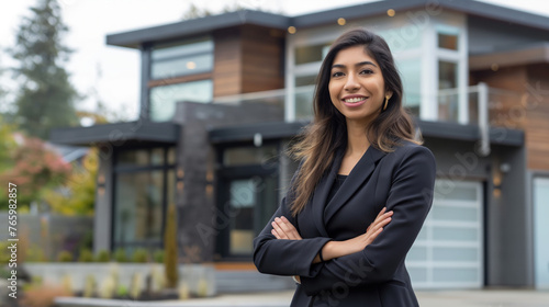 Indian-American Female Real Estate Agent Ready to Assist Outside Modern Home