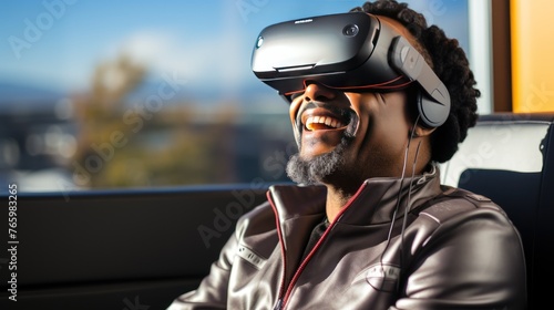 African american man using virtual reality headset in the cabin of a car