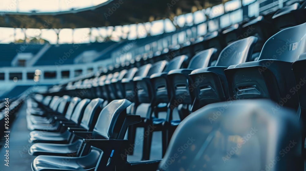 Obraz premium Black tribune seats on empty outdoor sport stadium arena, concept of fans and audience chairs