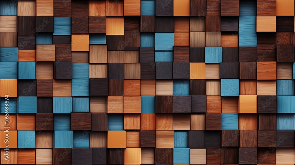 An abstract image of a wooden mosaic wall consisting of an array of colored cubes. Seamless backdrop. Generative AI An abstract image of a wooden mosaic wall consisting of an array of colored cubes. Seamless backdrop. Generative AI