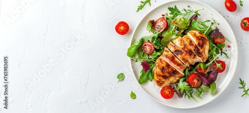 chicken fillet with salad and tomatoes, top view on white table, banner with copy space