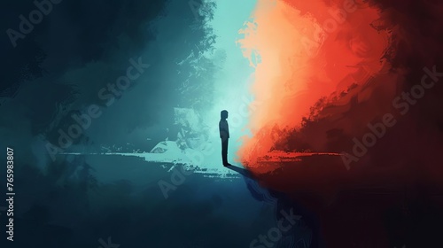 Conceptual digital illustration depicting the struggle between light and darkness