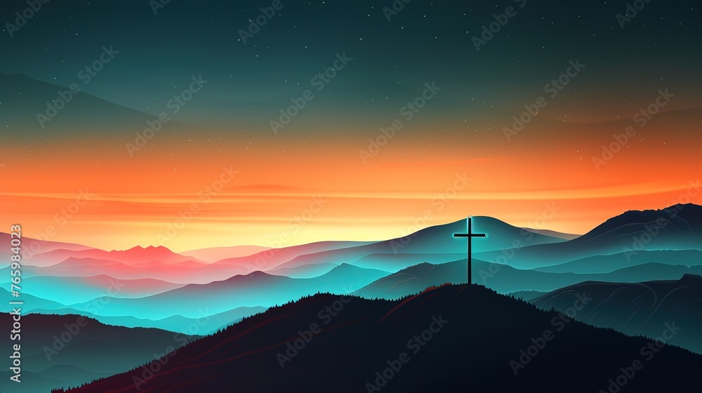 Wonderful Jesus christ crucifixion scene on dusk and sun rays - obrazy, fototapety, plakaty 