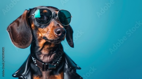 Cute Dachshund dog portrait, wearing sunglasses and leather jacket, attitude and style © Jelena