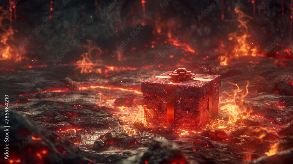 A gift box in the fiery depths of hell surrounded by flames and demons - obrazy, fototapety, plakaty 