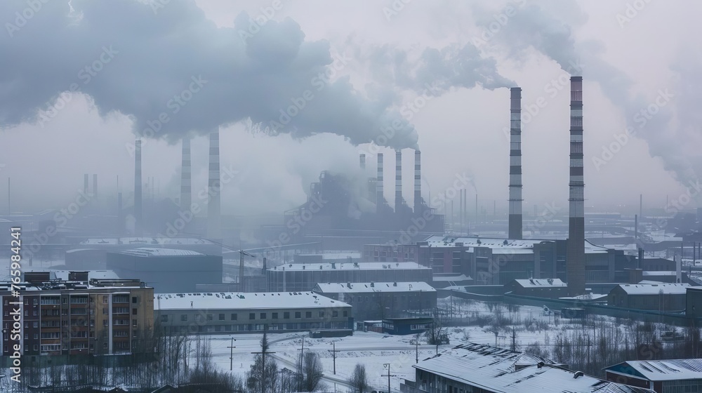 factory pollution with smoke stacks and smog, editorial photography