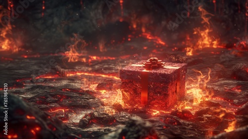 A gift box in the fiery depths of hell surrounded by flames and demons photo