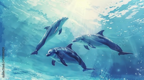 Graceful Dolphins Swimming Underwater  Serene Marine Life Watercolor Painting