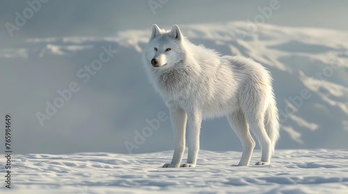 Majestic arctic wolf standing tall in pristine snow, white fur glistening, 3D illustration