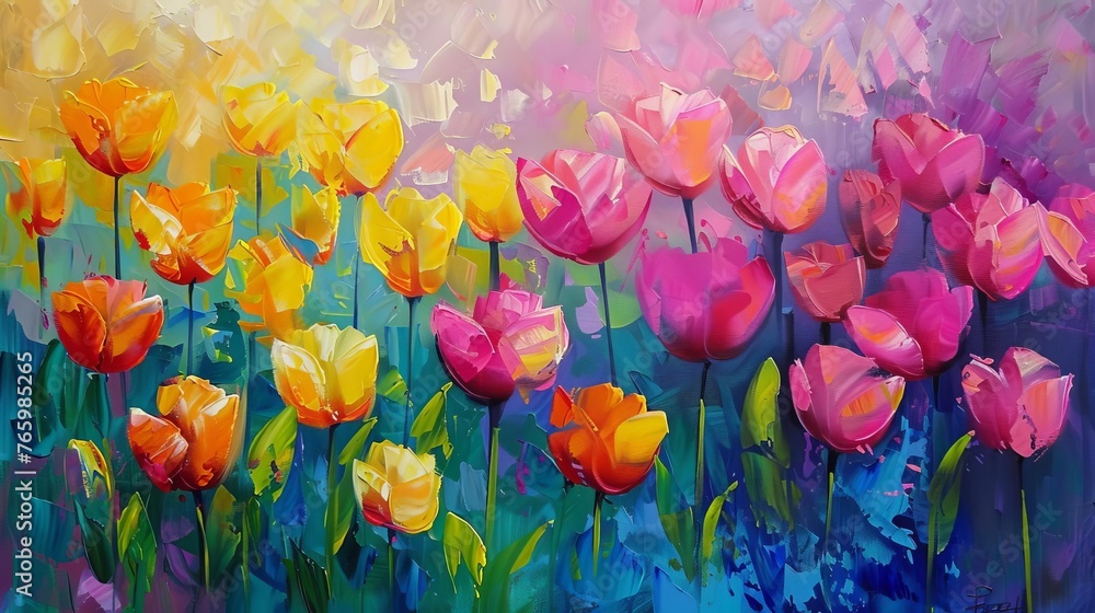 vibrant pink and yellow tulips in full bloom, oil painting vibrant pink and yellow tulips in full bloom, oil painting