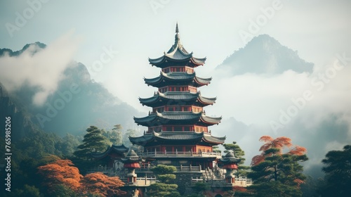 Beautiful japanese pagoda in the mountains. Vintage style.Pagoda in the sky with clouds