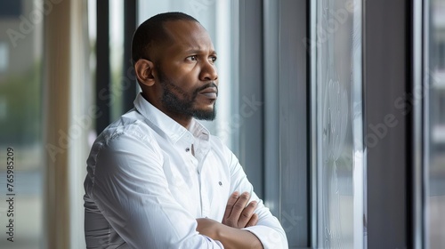 Successful African American businessman looking out window with determination