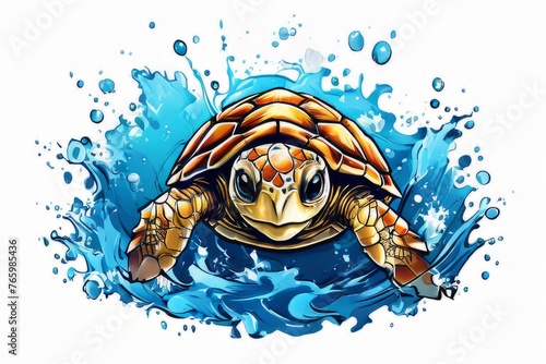 Turtle swimming in ocean, peacefully navigates its underwater world. For Tshirt design, fashion, clothing design, posters, postcards, other merchandise with marine theme, childrens books, tourism.