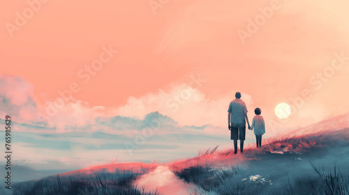 Sunset Stroll  Father and Child Walking Hand in Hand into the Horizon