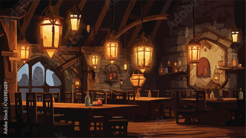 Warm lit friendly medieval fantasy tavern