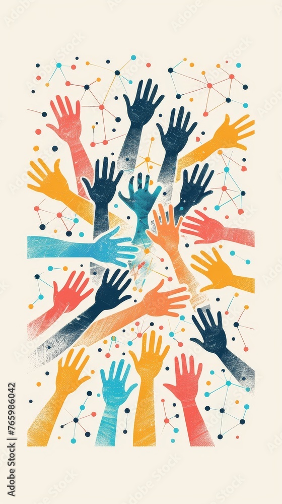 A clean simple illustration of diverse hands joining over a network grid A clean simple illustration of diverse hands joining over a network grid